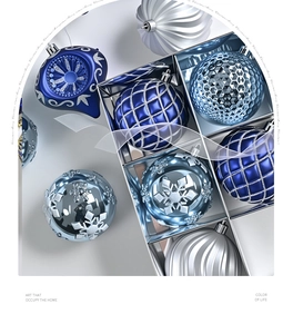 Detail of luxury Christmas ball set with blue and silver textures in a gift box