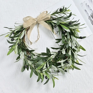 Artificial Olive Branch Wreath With Linen Bow Christmas Garland For Front Door Living Room Window Wall Hanging Decoration
