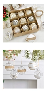 Set of 9 assorted champagne gold and burlap Christmas tree balls in a rustic gift box