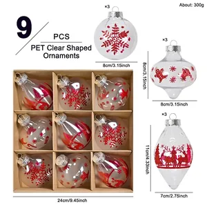 Clear PET Christmas Ornaments Snowflake Elk Printed Glitter Baubles Transparent Tree Hanging Decorations For Holiday Party Home Decor