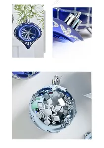 Detail of 8cm navy and silver Christmas ornaments with glitter patterns and snowflake relief