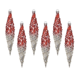 6-piece set of glittery red and silver teardrop Christmas tree ornaments with sequins