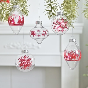 Transparent PET Christmas ornaments with red glitter snowflakes and elk on pine branches