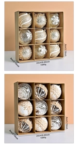 Detail of 9-piece glitter Christmas tree balls in a kraft box showing sizes and weight
