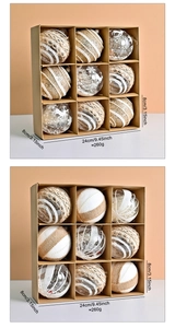 Detail of 9pcs Christmas balls set featuring rustic burlap and reindeer pattern designs