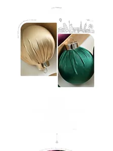 Detail of velvet Christmas ornaments in gold and dark green with elegant pleated fabric texture
