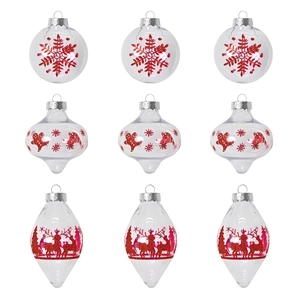 Set of 9 transparent Christmas ornaments with red glitter reindeer and snowflake patterns