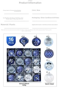 Detail showing 8cm blue and silver hand-painted Christmas ornaments with various patterns