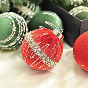 Velvet Christmas ball ornaments in red and green with luxury sequins and bead details