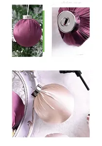 Detail of luxury satin and velvet Christmas balls in deep purple and champagne colors
