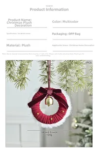Detailed view of red plush Christmas wreath with gold bell and velvet bow, 14cm size info