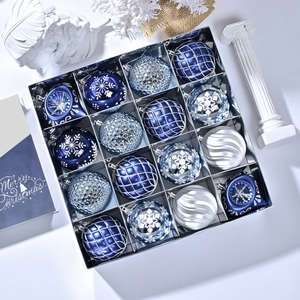 16 Blue Silver Christmas Ball Ornaments Set Shatterproof Plastic Electroplated Hand Painted Snowflake Decorations For Tree