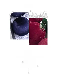 Close-up of velvet Christmas ornaments with sparkling rhinestones in deep blue and burgundy