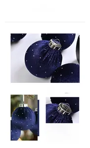 Close-up of deep blue velvet Christmas ball ornament with silver sequins and hanging loop