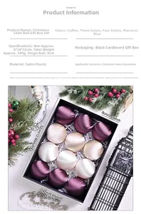 Close-up of 12-piece satin luxury Christmas ball set in premium gift box packaging