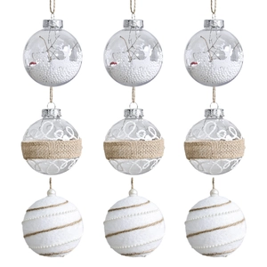 9-piece set of creative burlap Christmas balls with reindeer silhouettes and glitter accents