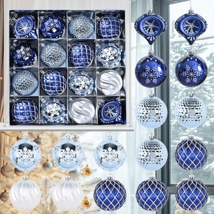 Set of 16 blue and white 8cm Christmas balls with snowflake and glitter patterns