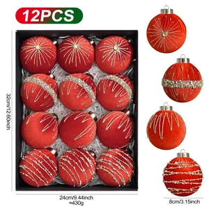 Set of 12 red velvet Christmas balls with sequins and glitter in a premium gift box