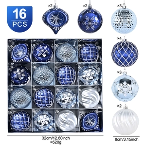16-piece 8cm blue and silver Christmas ball ornaments set with diverse textures and patterns