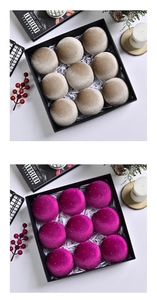 Velvet Christmas tree balls in gift box with champagne and rose purple flocked finish