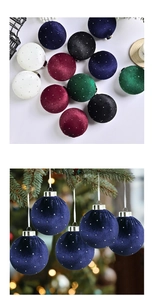 Detail of velvet Christmas ball ornaments with glitter dots and silver hanging ribbons