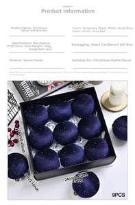 Detail of 9-piece navy blue velvet Christmas ball set in a black gift box for home decor