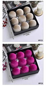 Detail of 9-pack velvet Christmas balls with glitter studs and size measurements
