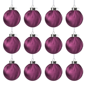 Set of 12 purple satin silk Christmas balls with silver caps and white hanging strings
