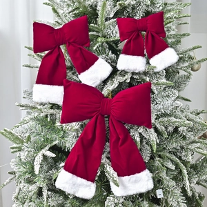 Red Velvet Christmas Bow Hanging Decoration With White Faux Fur Trim Large Christmas Tree Ornament For Party Home Decor