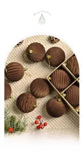 Brown flocked velvet 8cm Christmas ornaments with gold hooks in a festive gift box