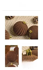 Close-up of 8cm brown flocked Christmas balls with ribbed texture and gold strings