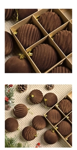 Detail of dark brown flocked 8cm Christmas balls with textured swirl and velvet finish