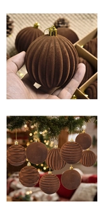 Close-up of 8cm brown flocked Christmas balls showing velvet textures and gold caps