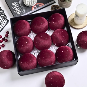 Velvet burgundy Christmas ball ornaments with silver beads in a premium black gift box