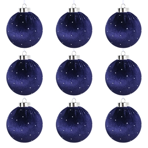 Set of 9 velvet Christmas balls in navy blue with silver glitter stars and hangers