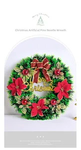 Detail of Christmas wreath featuring red velvet bows, poinsettias, and golden Merry Christmas sign