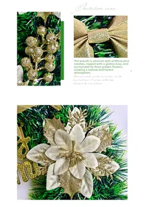 Vue détaillée de la couronne de Noël festive avec un nœud doré et aiguilles de pin