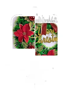 Detail of red poinsettia flower and golden Merry Christmas sign on festive wreath