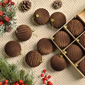 Brown flocked 8cm Christmas ball set with textured ornaments in a gift box for tree decor