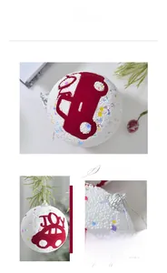 Detail of white foam Christmas ball with colorful sequins and red velvet joy car print