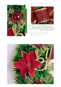Detail of Christmas wreath featuring red glitter bows, gold leaves and pine needles