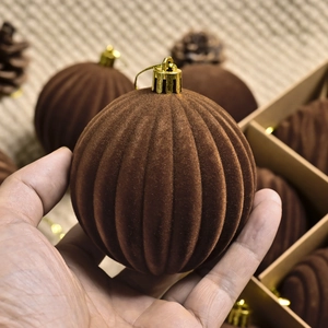 Brown flocked 8cm Christmas ball ornaments with gold caps for holiday tree decor