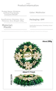 Dimensions détaillées de la couronne de Noël 45cm avec nœud doré et fleurs blanches