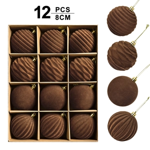 Set of 12 brown flocked 8cm Christmas balls with varied textures for tree decoration