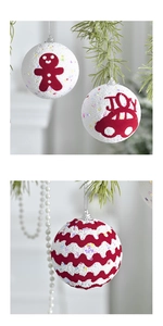 Close-up of white foam Christmas ball with red velvet JOY text and sequin details