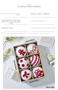 Detailed view of six red and white foam Christmas balls in a kraft gift box packaging