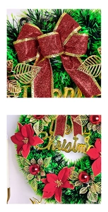 Detailed close-up of a festive Christmas wreath with velvet flowers and a glittery bow