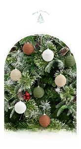 Detail of handmade cotton rope Christmas balls in natural tones hanging on a festive tree