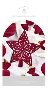 Macro shot of flocked burgundy velvet star tree topper and candy-shaped ornaments