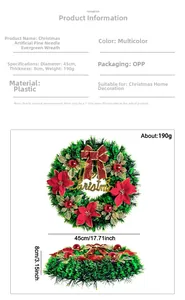 Detail view of 45cm Christmas wreath with red bow, golden text and pine needles